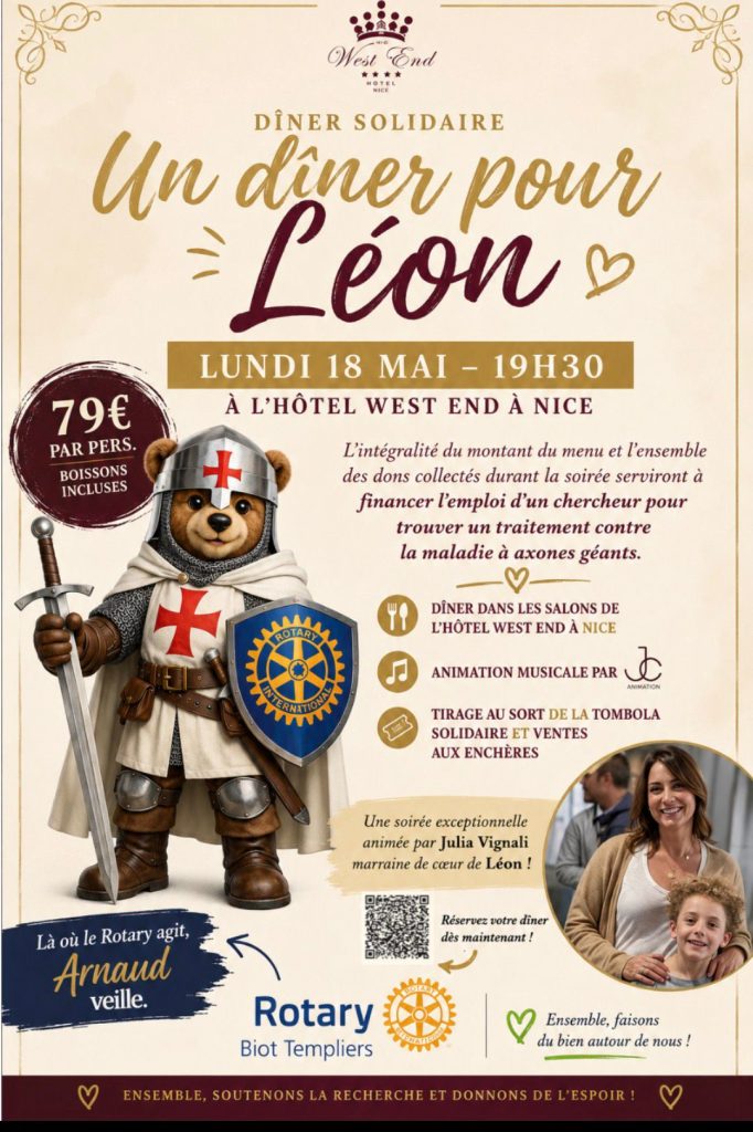 Affiche un diner pour Leon ambassadeur du telethon 2023 atteint de la maladie a axones geants